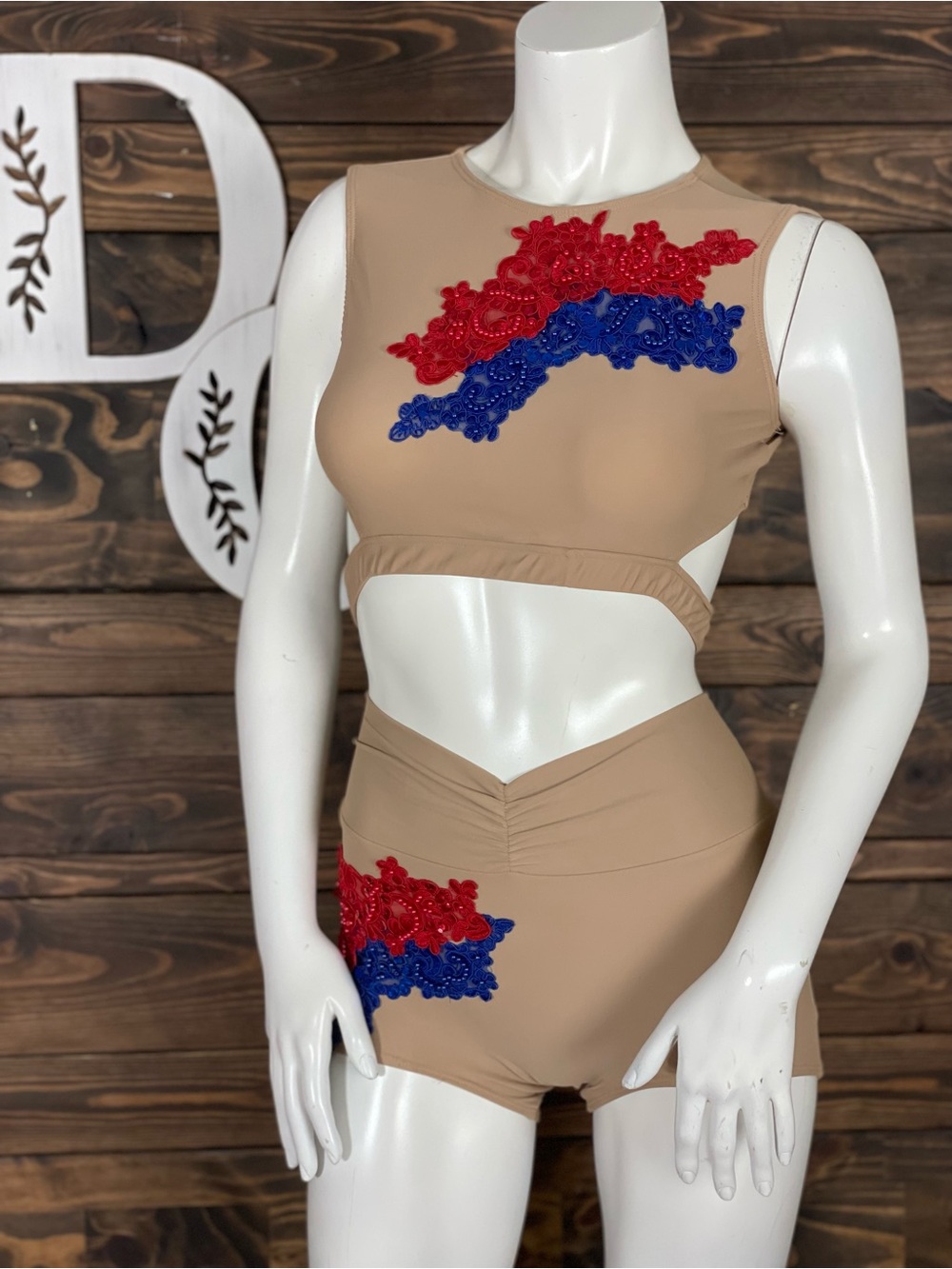 Custom Dance Outfit Costume Nude Two-Piece Set Red & Blue Beaded Appliqué Cutout